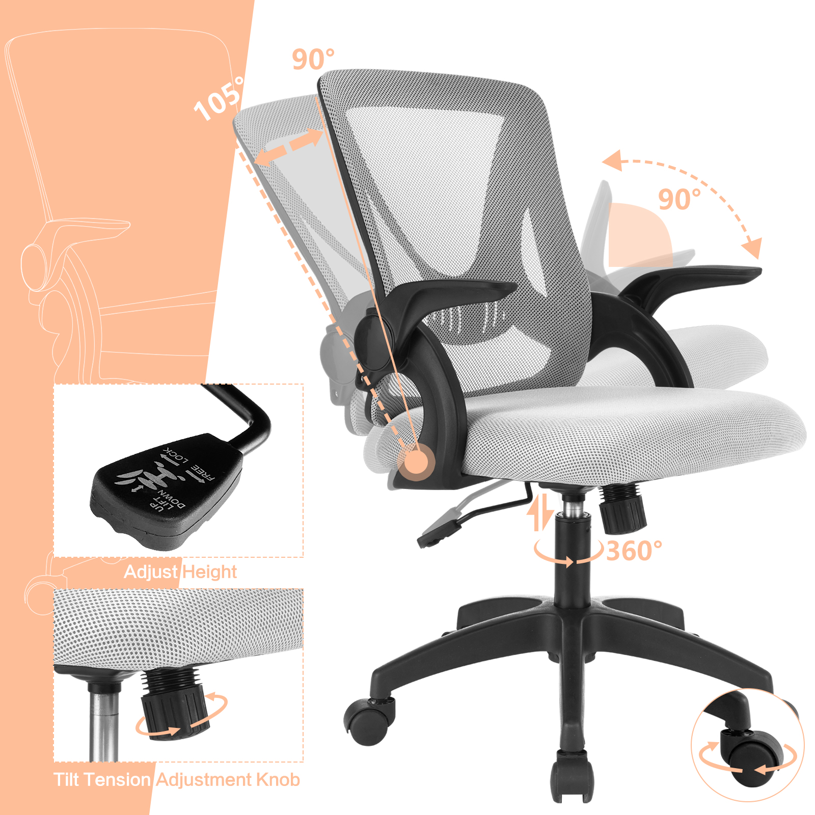Ergonomic Office Computer Desk Chair w/ Flip-up Armrests 360° Swivel Mesh Chair - Picture 34 of 48