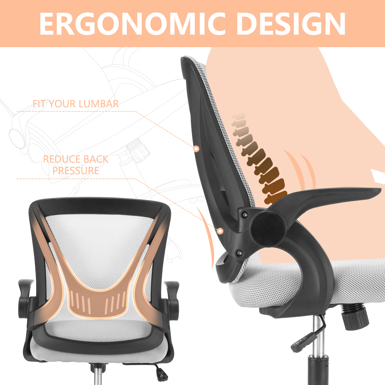 Ergonomic Office Computer Desk Chair w/ Flip-up Armrests 360° Swivel Mesh Chair - Picture 35 of 48