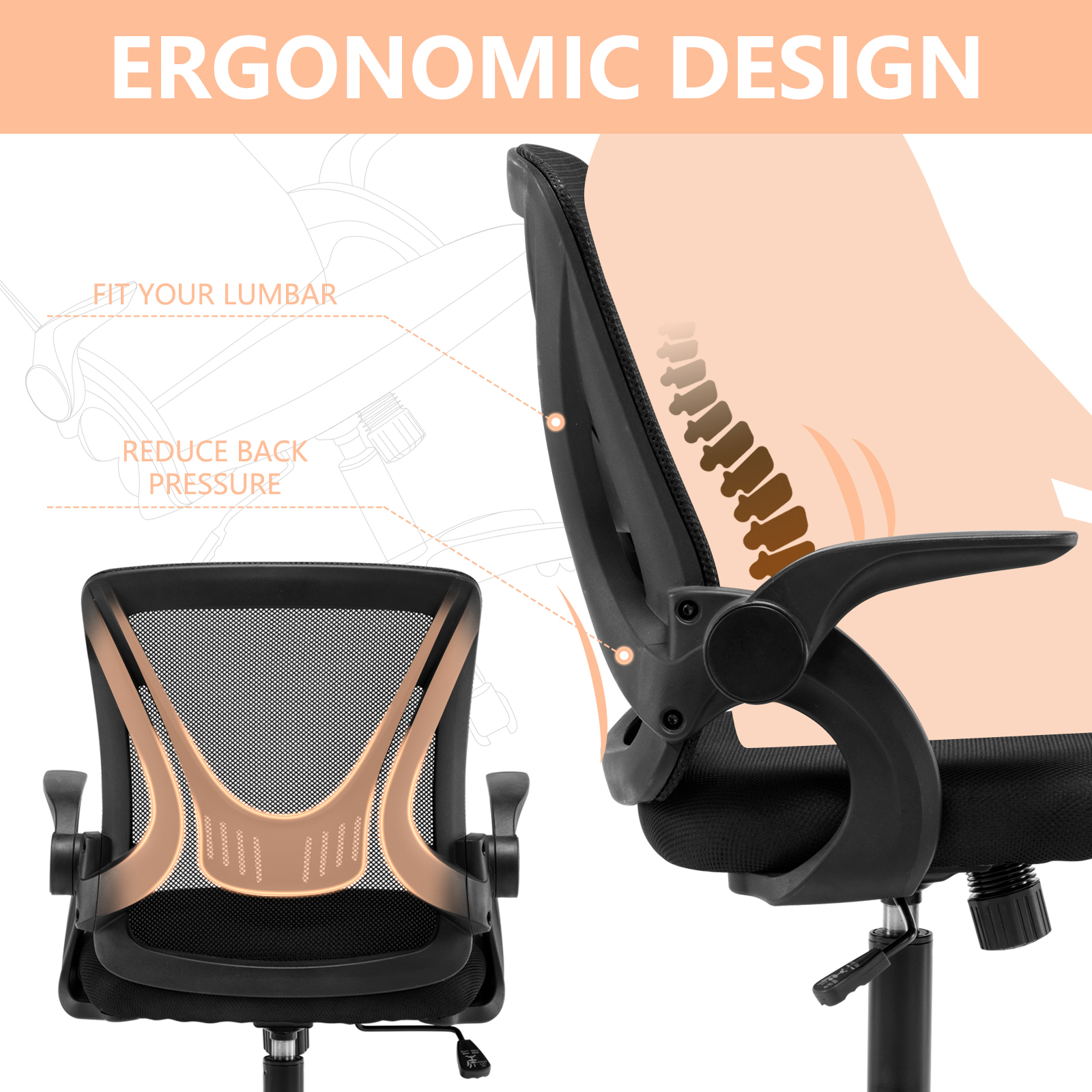 Ergonomic Office Computer Desk Chair w/ Flip-up Armrests 360° Swivel Mesh Chair - Picture 23 of 48