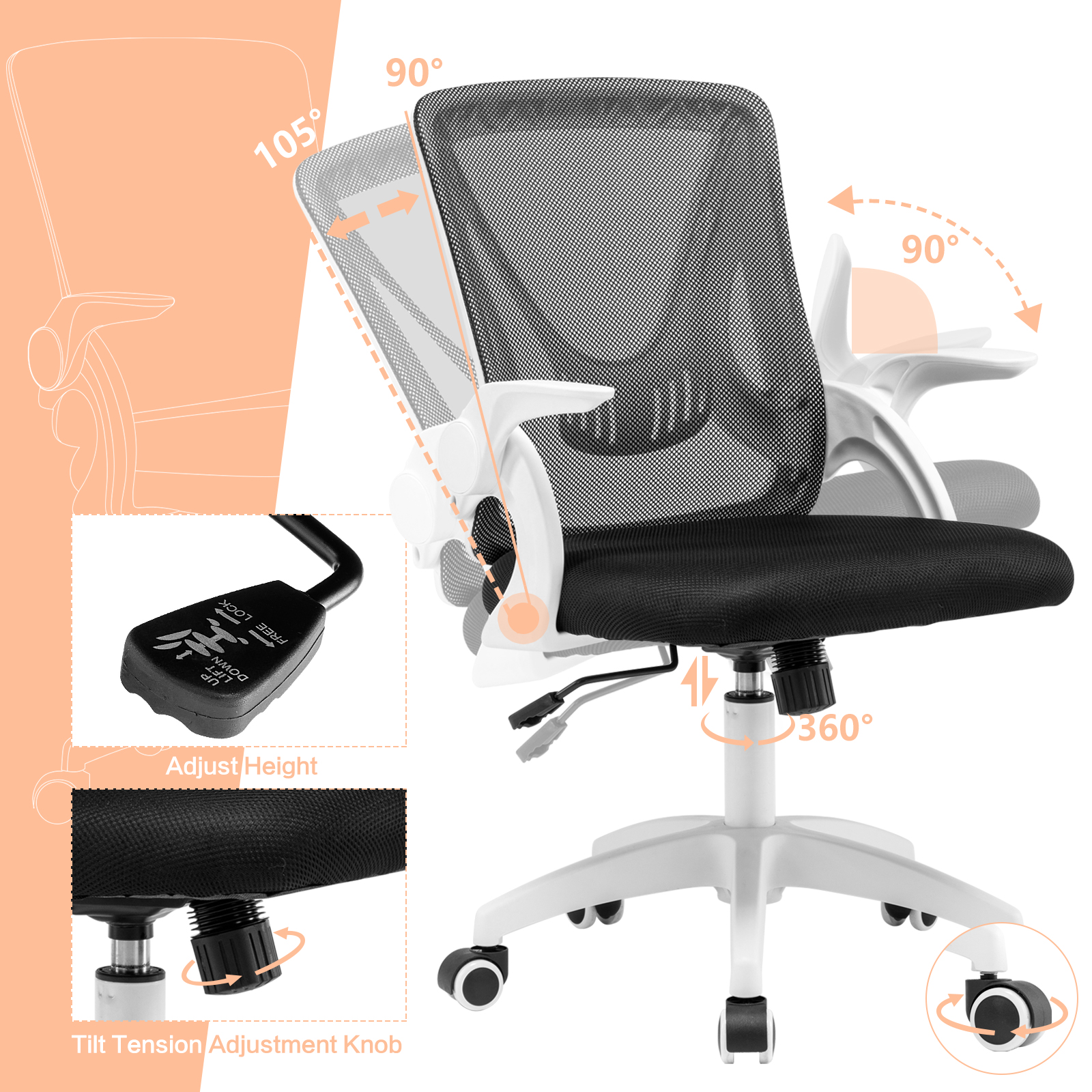 Ergonomic Office Computer Desk Chair w/ Flip-up Armrests 360° Swivel Mesh Chair - Picture 46 of 48