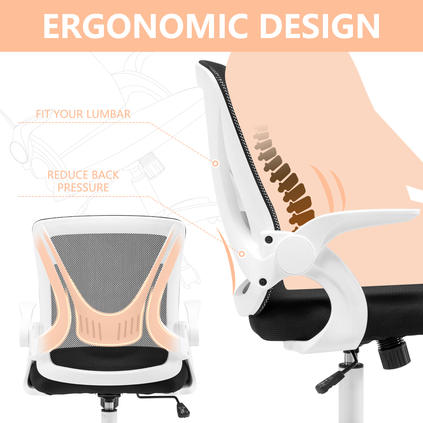 Ergonomic Office Computer Desk Chair w/ Flip-up Armrests 360° Swivel Mesh Chair - Picture 47 of 48