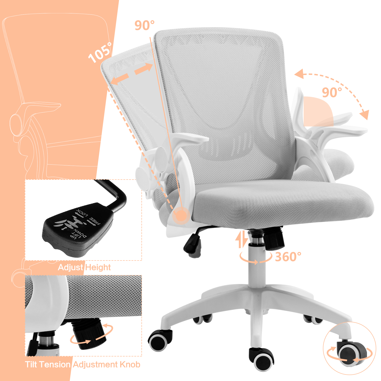 Ergonomic Office Computer Desk Chair w/ Flip-up Armrests 360° Swivel Mesh Chair