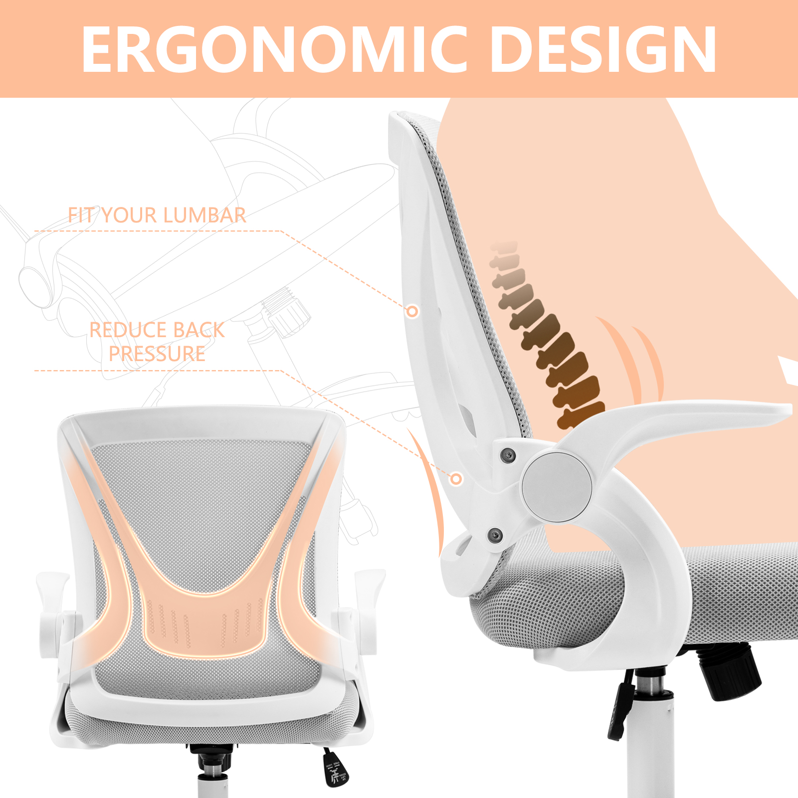 Ergonomic Office Computer Desk Chair w/ Flip-up Armrests 360° Swivel Mesh Chair