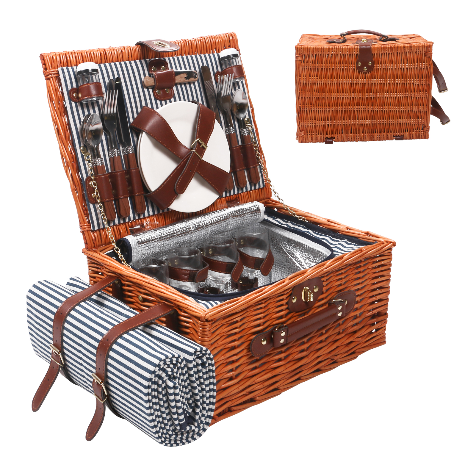 Willow Picnic Basket for 4 Persons with Insulated Compartment Utensils Cutlery