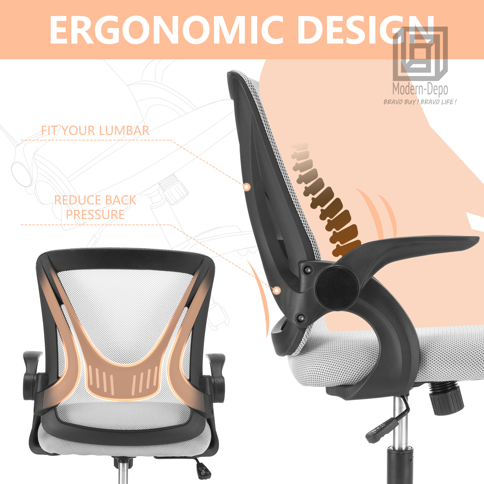 Ergonomic Office Computer Desk Chair w/ Flip-up Armrests 360° Swivel Mesh Chair - Picture 27 of 48