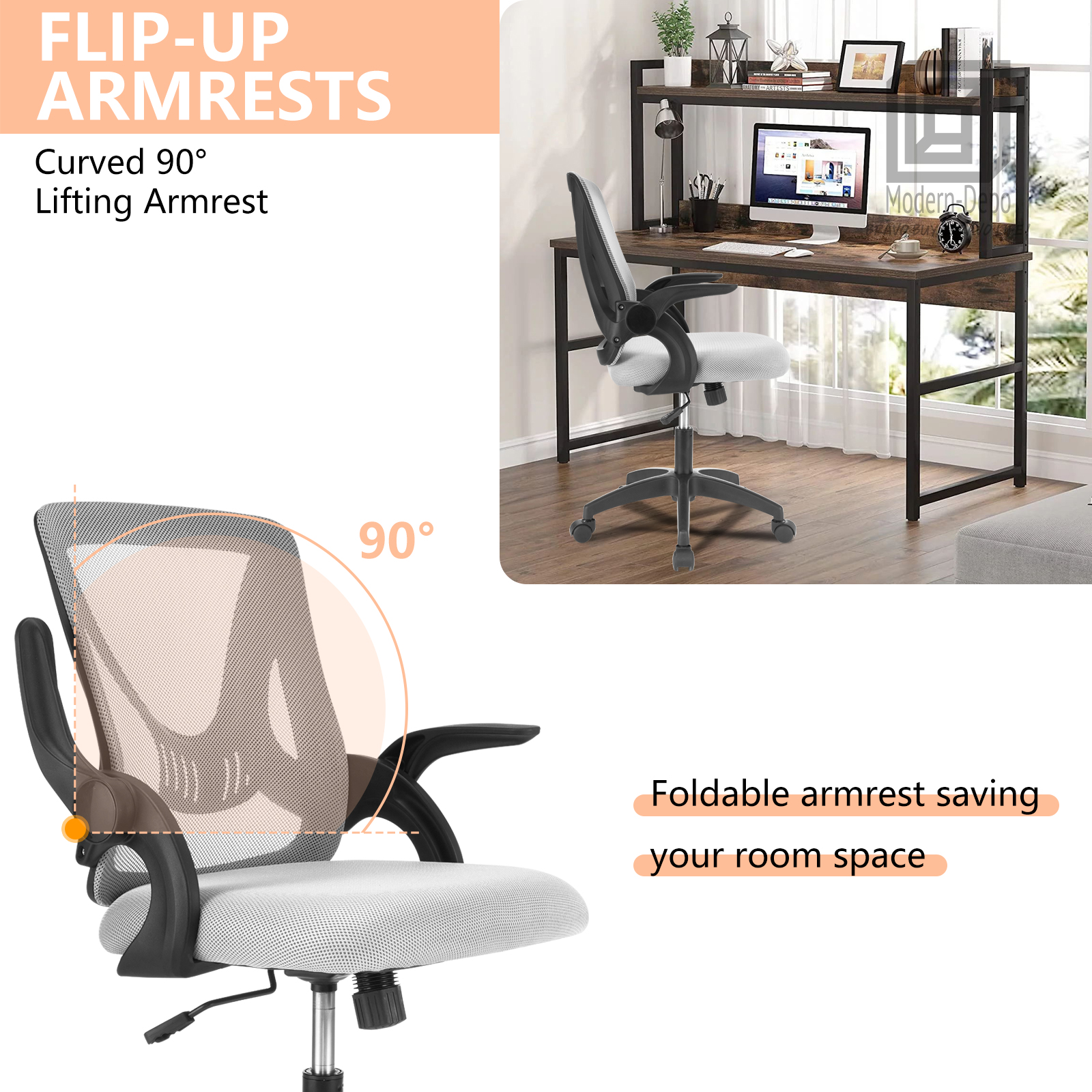 Ergonomic Office Computer Desk Chair w/ Flip-up Armrests 360° Swivel Mesh Chair - Picture 28 of 48