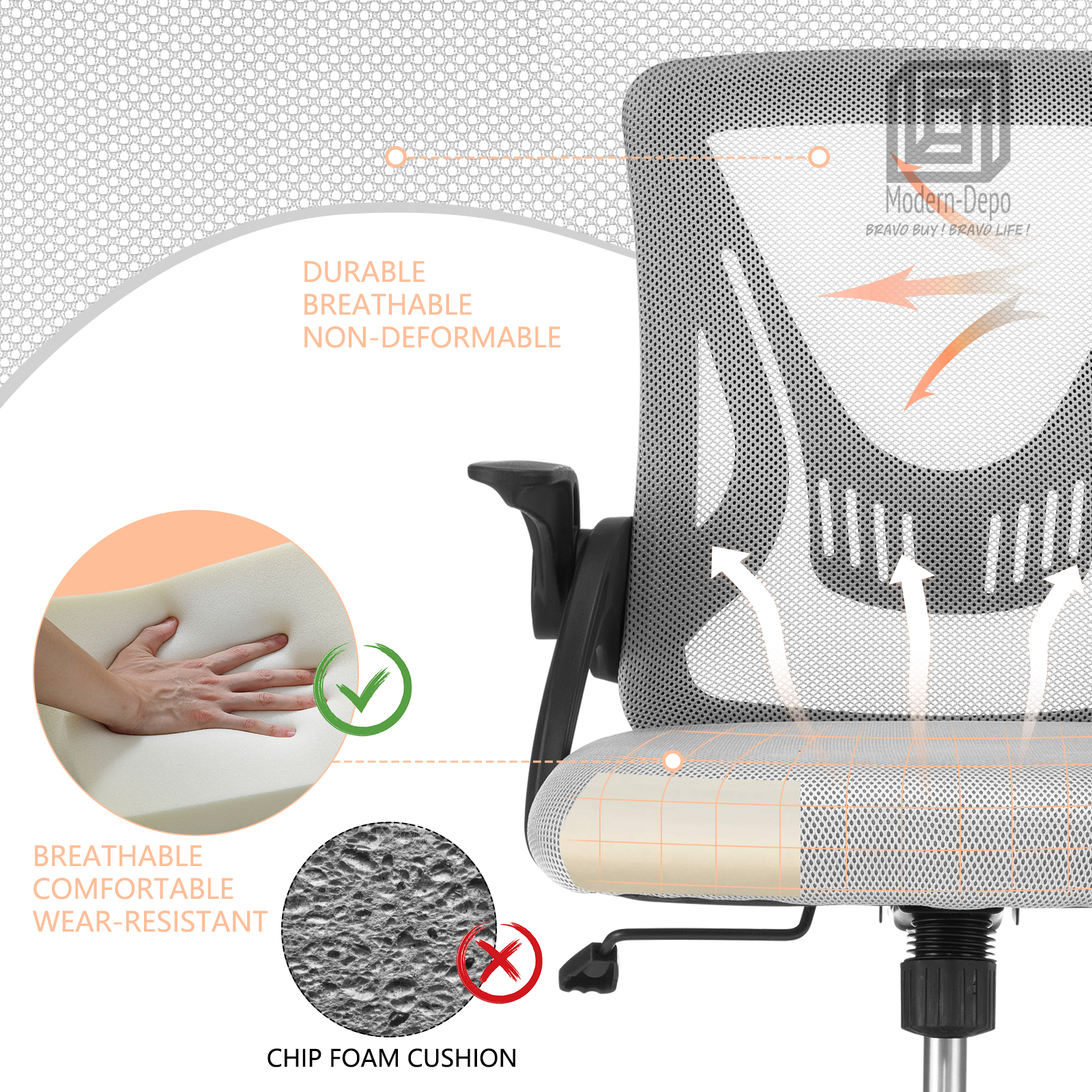 Ergonomic Office Computer Desk Chair w/ Flip-up Armrests 360° Swivel Mesh Chair - Picture 30 of 48