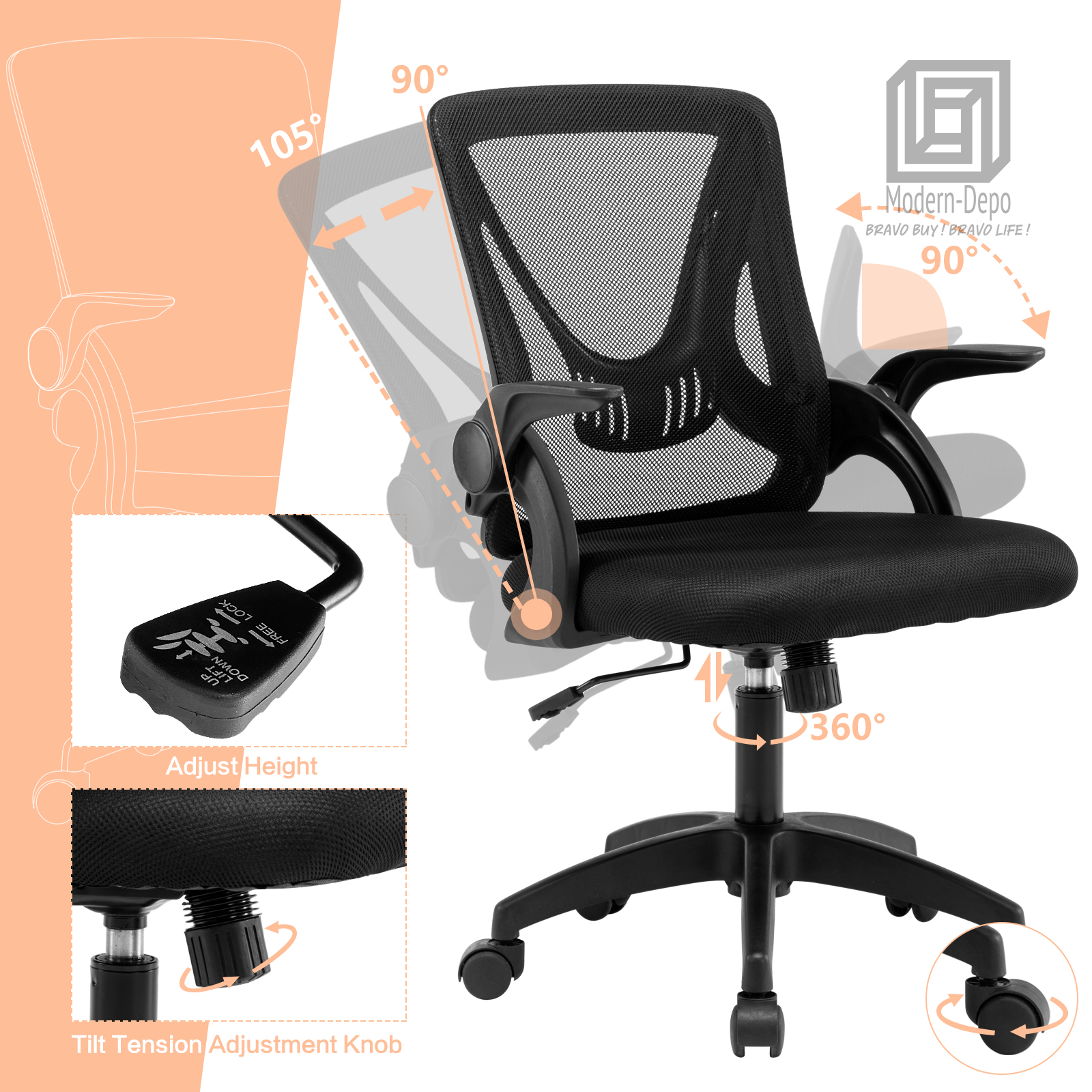 Ergonomic Office Computer Desk Chair w/ Flip-up Armrests 360° Swivel Mesh Chair - Picture 14 of 48