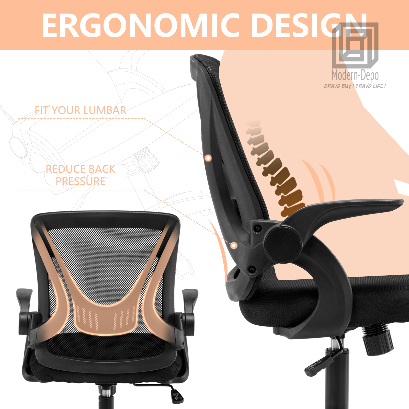 Ergonomic Office Computer Desk Chair w/ Flip-up Armrests 360° Swivel Mesh Chair - Picture 15 of 48