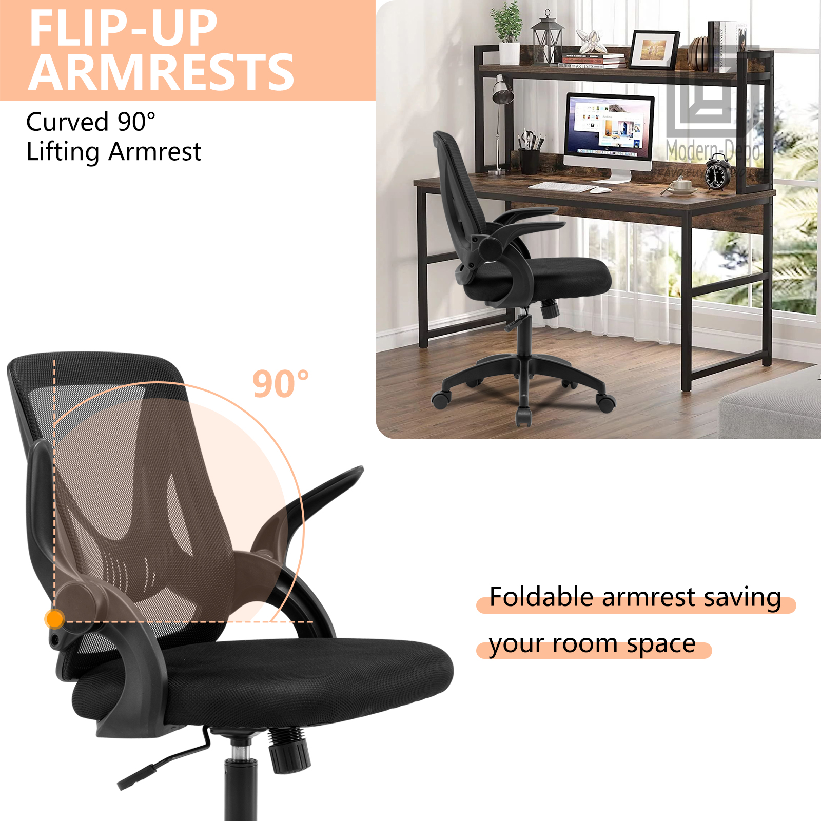 Ergonomic Office Computer Desk Chair w/ Flip-up Armrests 360° Swivel Mesh Chair - Picture 16 of 48