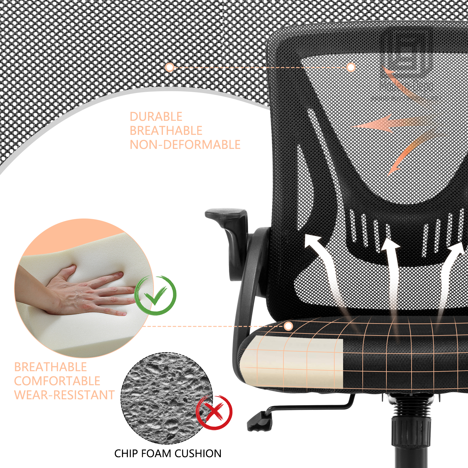 Ergonomic Office Computer Desk Chair w/ Flip-up Armrests 360° Swivel Mesh Chair - Picture 18 of 48