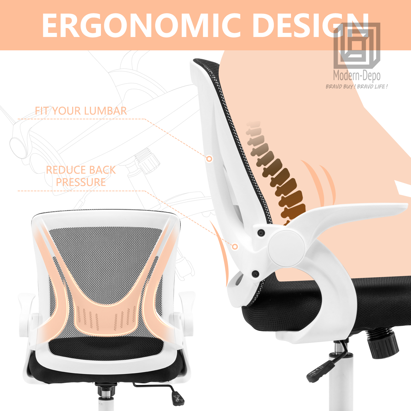 Ergonomic Office Computer Desk Chair w/ Flip-up Armrests 360° Swivel Mesh Chair - Picture 39 of 48