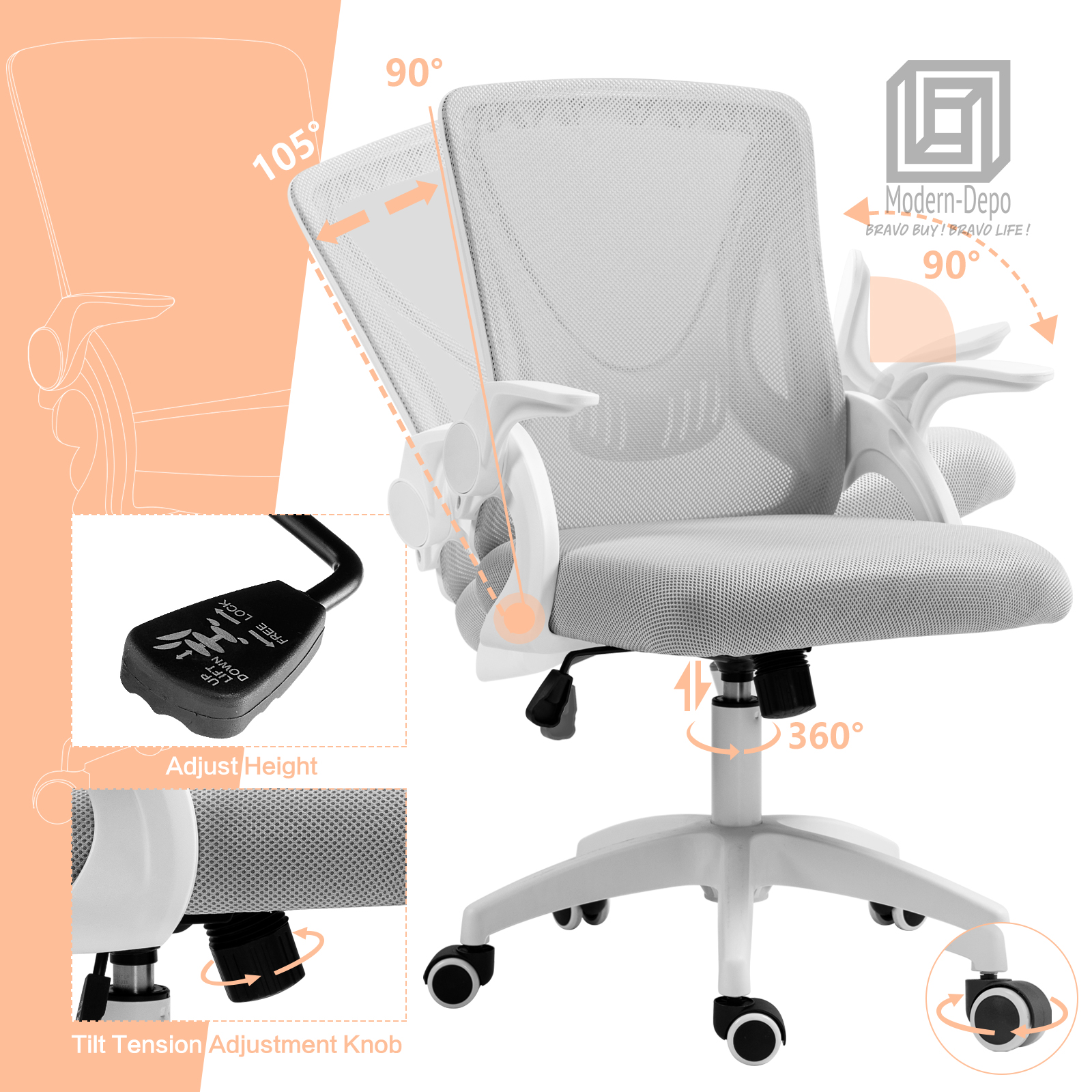 Ergonomic Office Computer Desk Chair w/ Flip-up Armrests 360° Swivel Mesh Chair