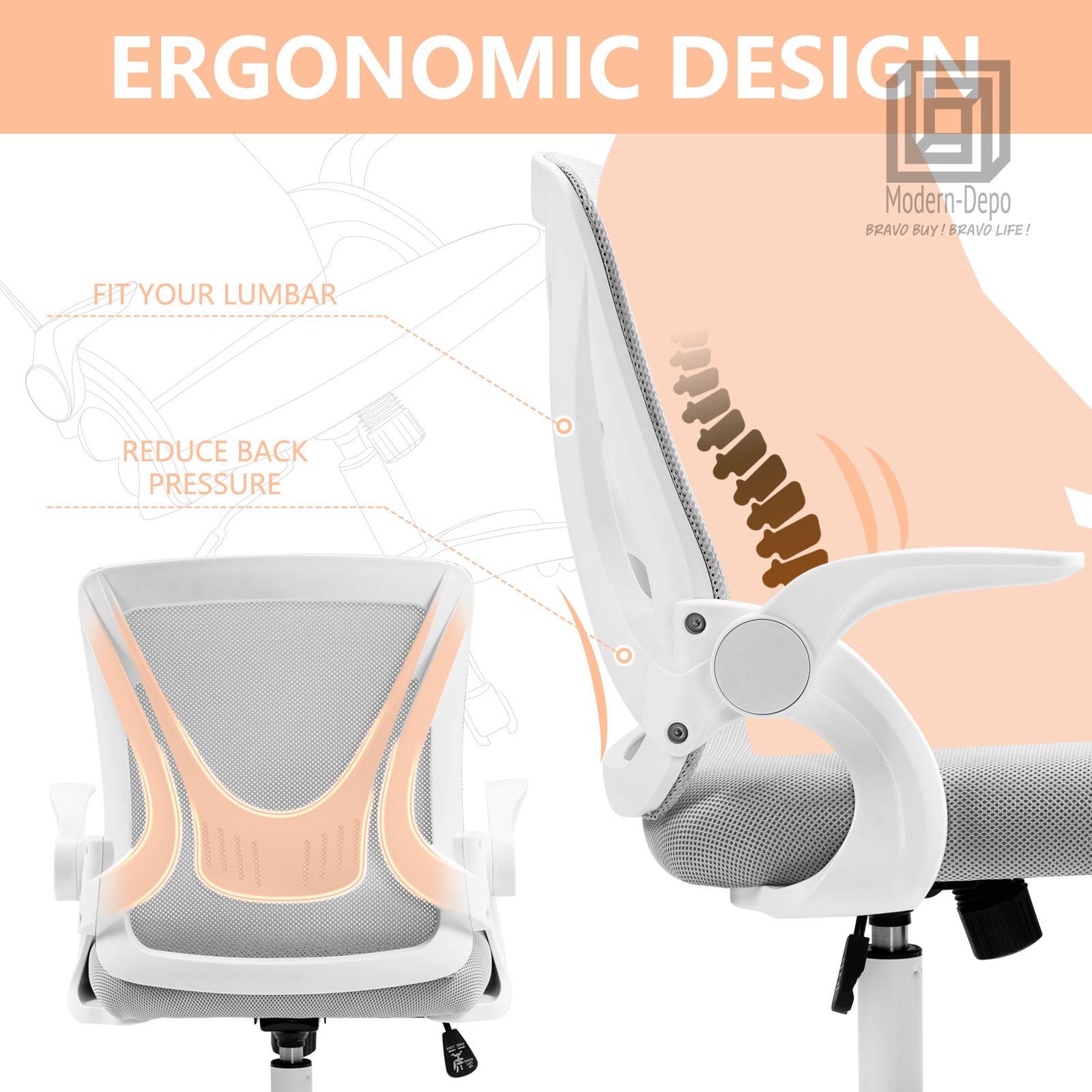 Ergonomic Office Computer Desk Chair w/ Flip-up Armrests 360° Swivel Mesh Chair