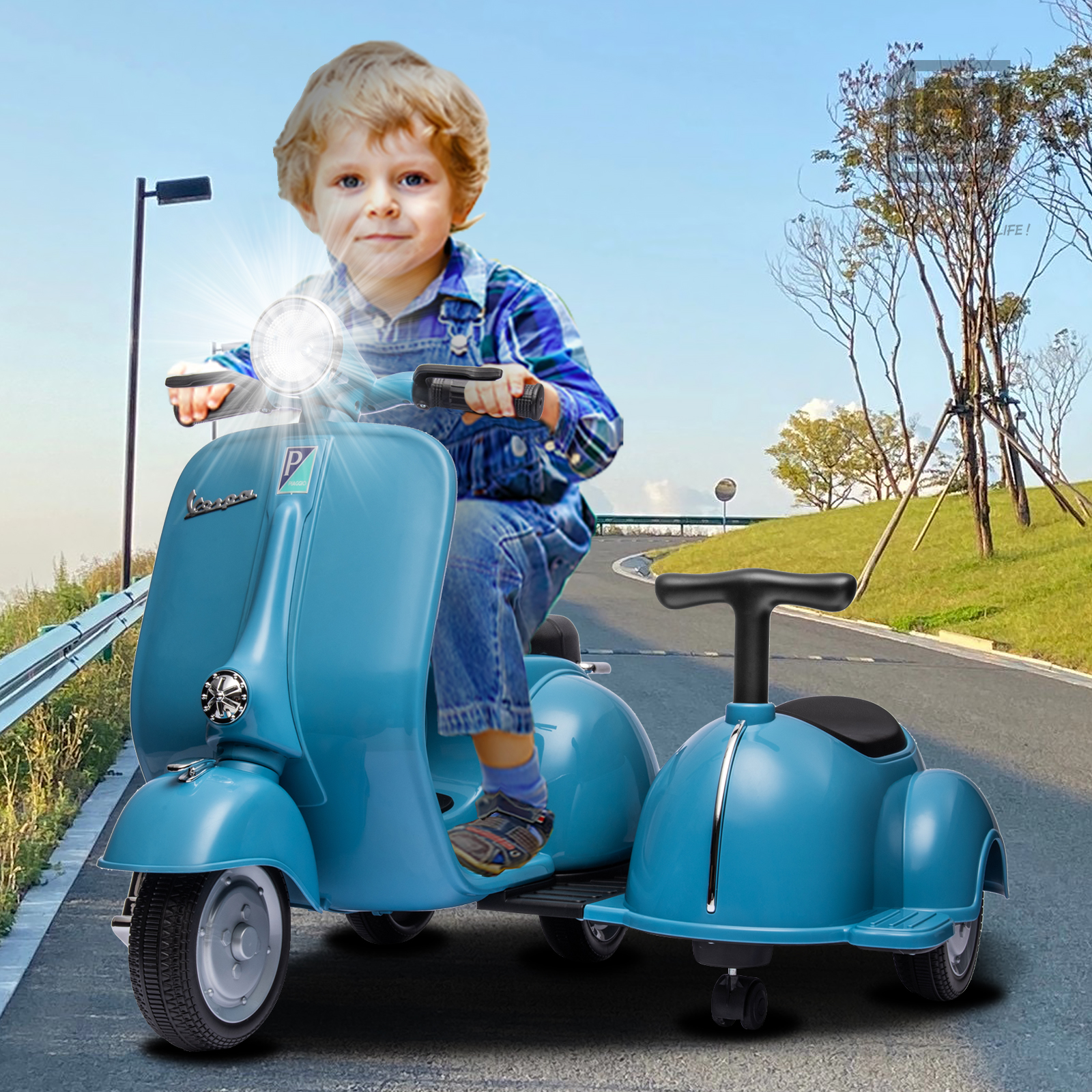 Licensed Vespa Kids Ride On Car Motorcycle w/ Side Car&Light, 2 Seater Toy Car - Picture 10 of 40