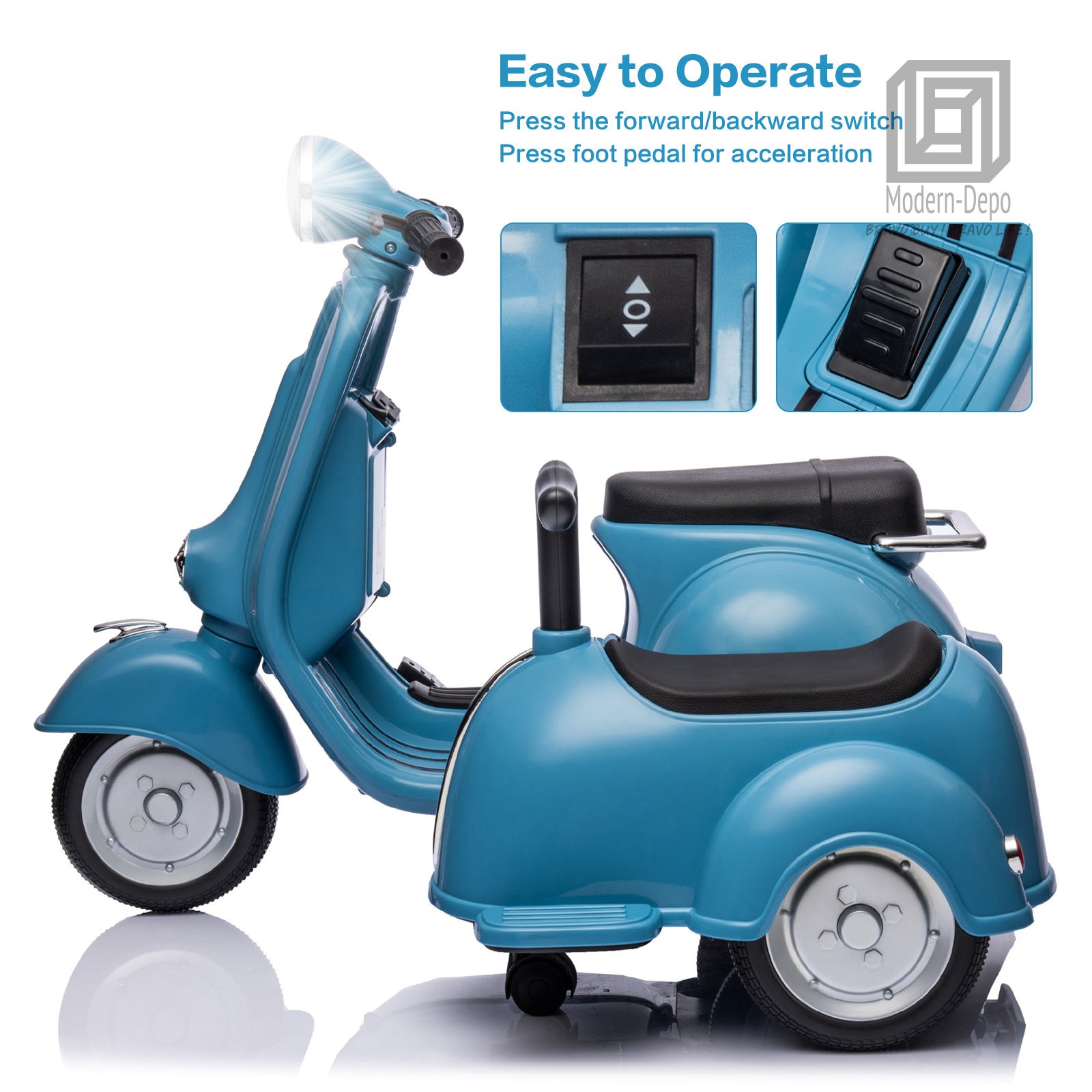 Licensed Vespa Kids Ride On Car Motorcycle w/ Side Car&Light, 2 Seater Toy Car - Picture 11 of 40