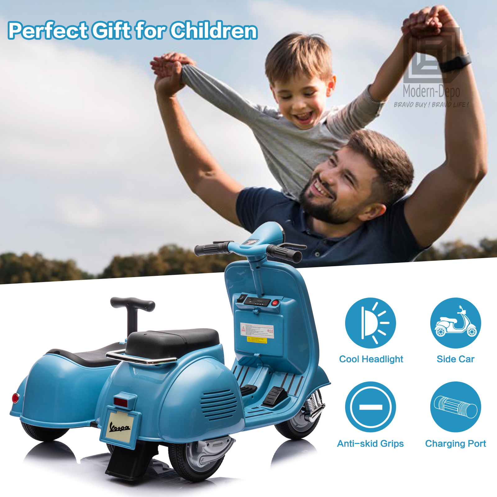 Licensed Vespa Kids Ride On Car Motorcycle w/ Side Car&Light, 2 Seater Toy Car - Picture 15 of 40