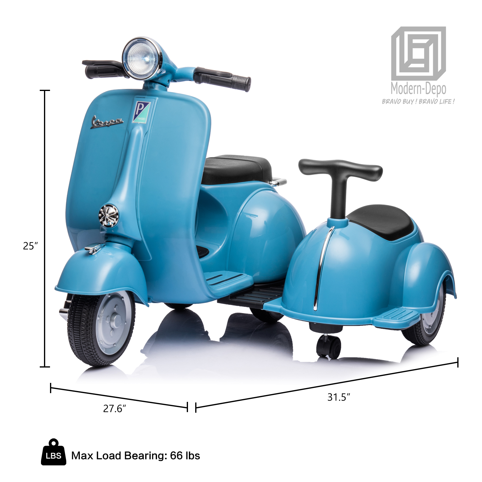 Licensed Vespa Kids Ride On Car Motorcycle w/ Side Car&Light, 2 Seater Toy Car - Picture 16 of 40