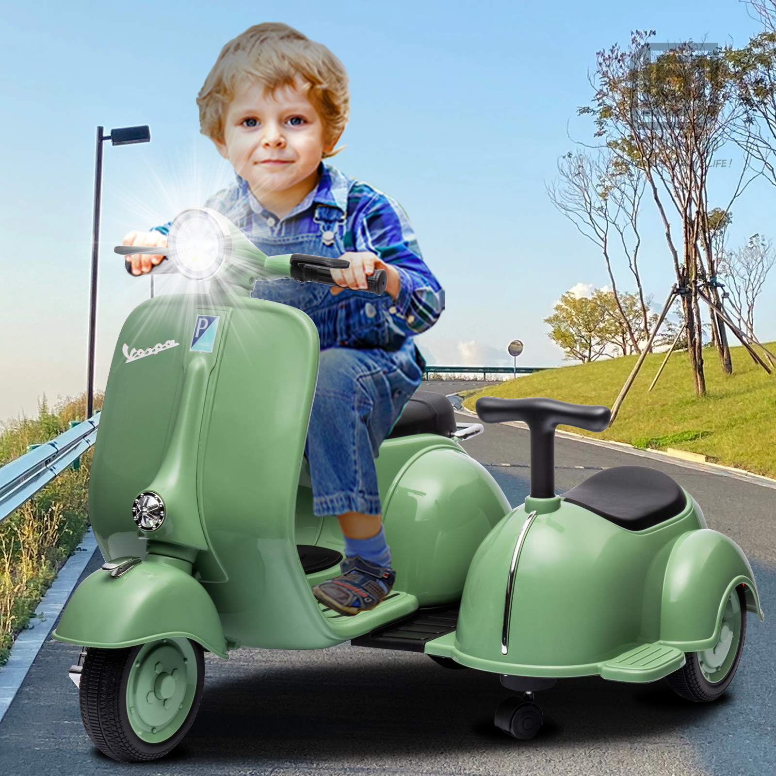 Licensed Vespa Kids Ride On Car Motorcycle w/ Side Car&Light, 2 Seater Toy Car - Picture 18 of 40