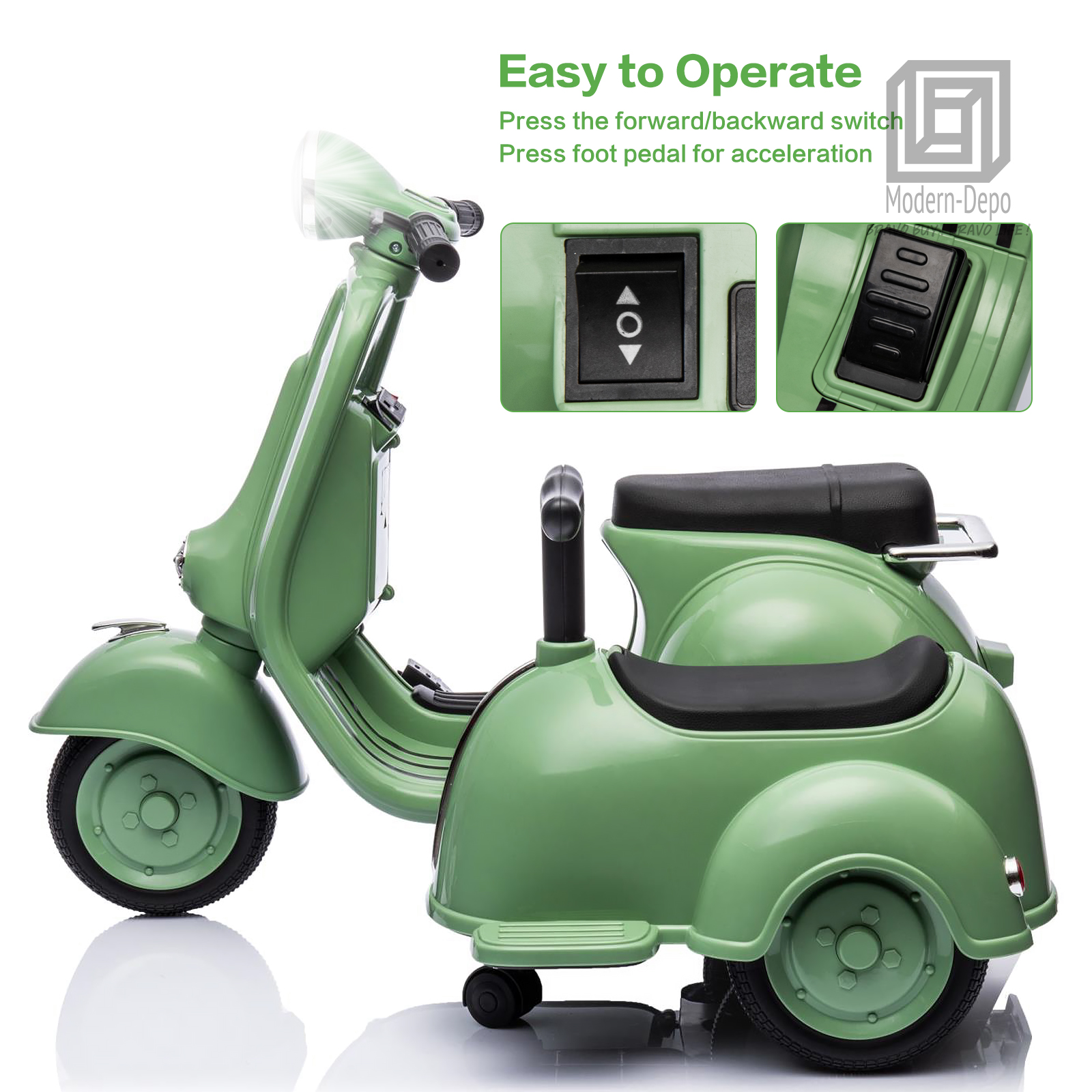 Licensed Vespa Kids Ride On Car Motorcycle w/ Side Car&Light, 2 Seater Toy Car - Picture 19 of 40