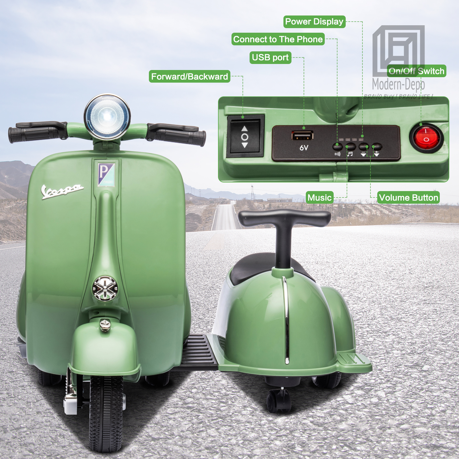 Licensed Vespa Kids Ride On Car Motorcycle w/ Side Car&Light, 2 Seater Toy Car - Picture 20 of 40