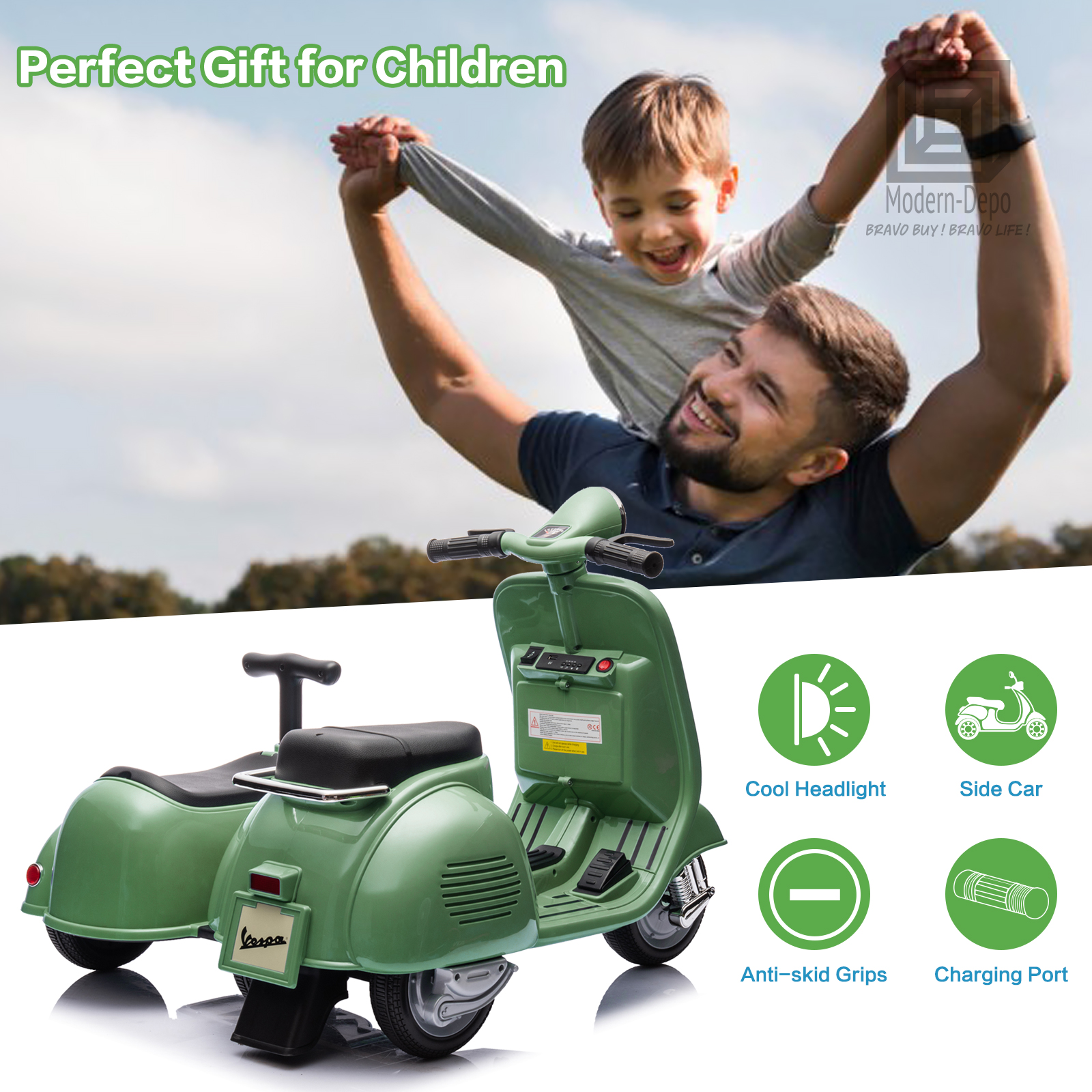 Licensed Vespa Kids Ride On Car Motorcycle w/ Side Car&Light, 2 Seater Toy Car - Picture 23 of 40