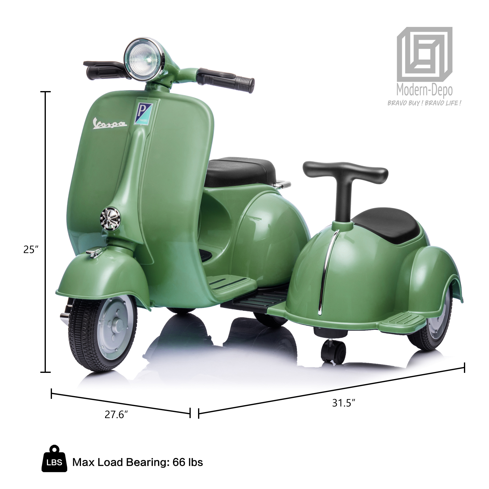 Licensed Vespa Kids Ride On Car Motorcycle w/ Side Car&Light, 2 Seater Toy Car - Picture 24 of 40