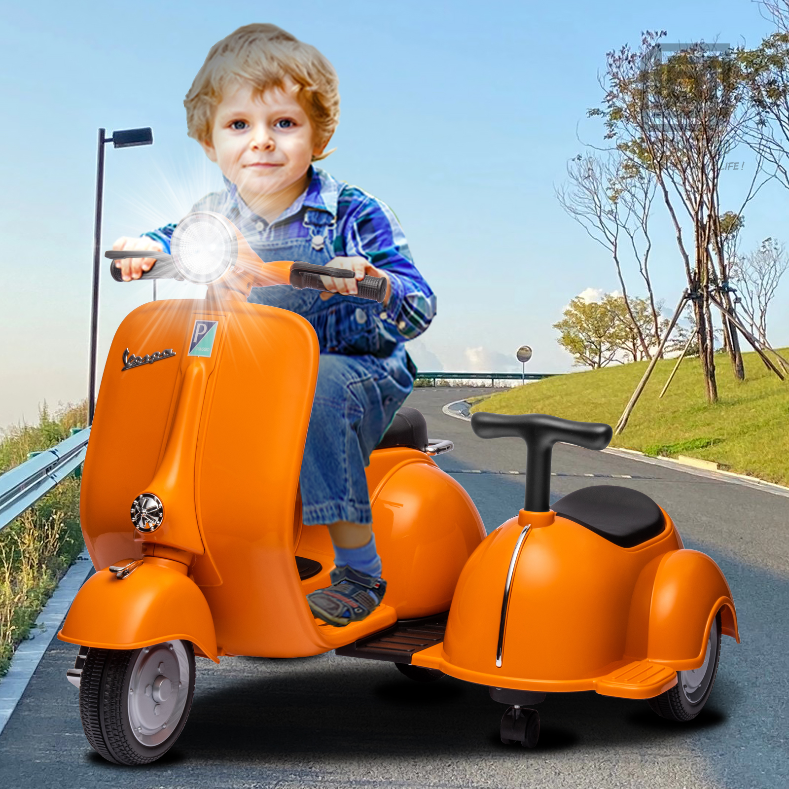 Licensed Vespa Kids Ride On Car Motorcycle w/ Side Car&Light, 2 Seater Toy Car - Picture 26 of 40