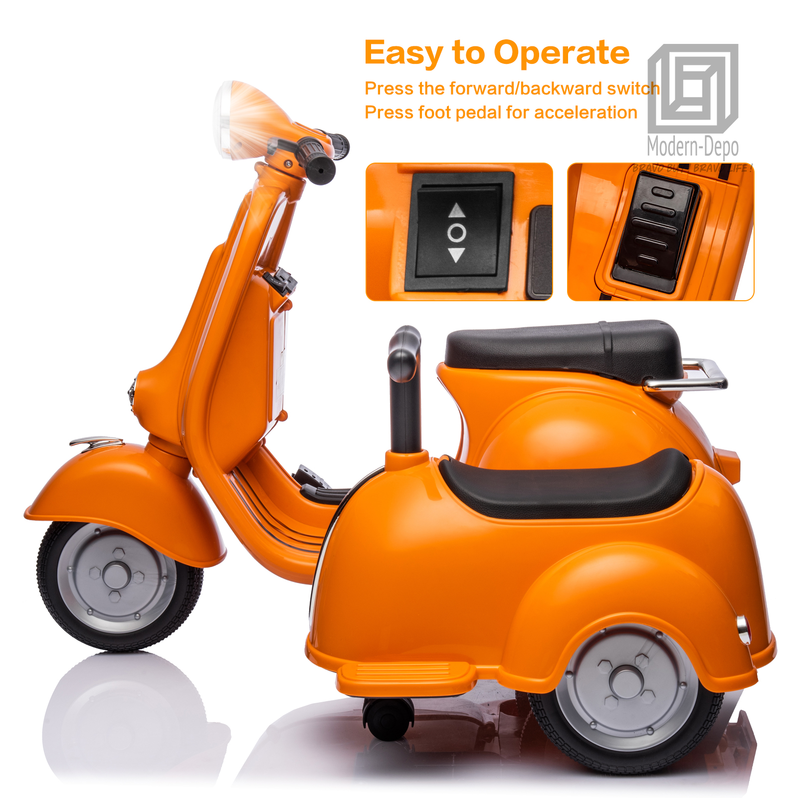 Licensed Vespa Kids Ride On Car Motorcycle w/ Side Car&Light, 2 Seater Toy Car - Picture 27 of 40