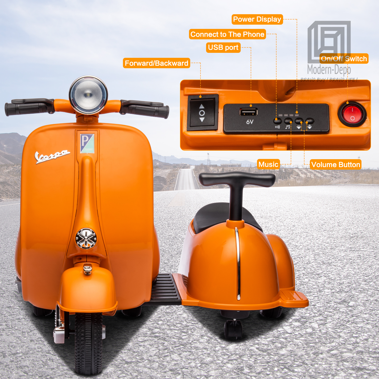 Licensed Vespa Kids Ride On Car Motorcycle w/ Side Car&Light, 2 Seater Toy Car - Picture 28 of 40