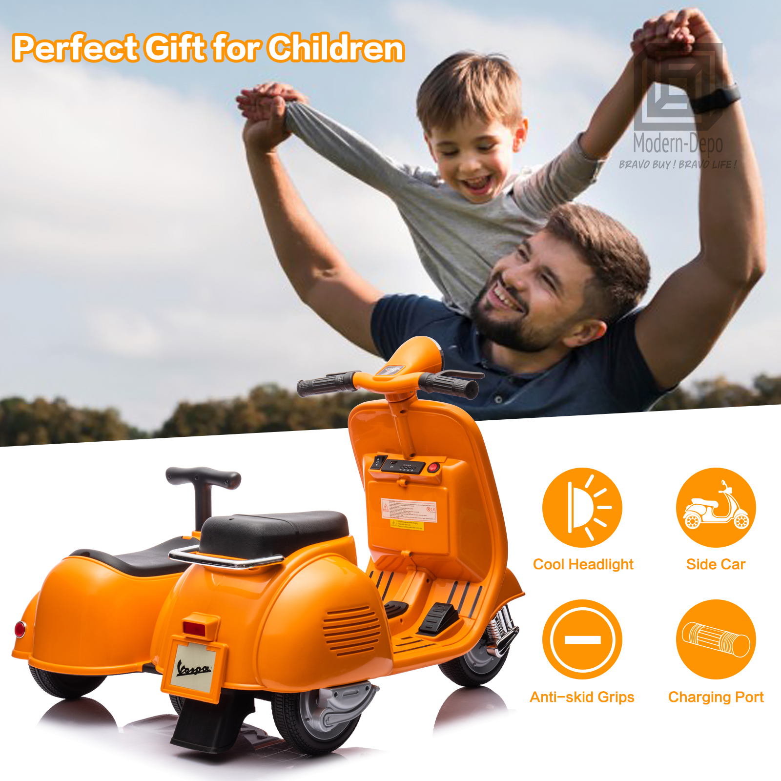 Licensed Vespa Kids Ride On Car Motorcycle w/ Side Car&Light, 2 Seater Toy Car - Picture 31 of 40