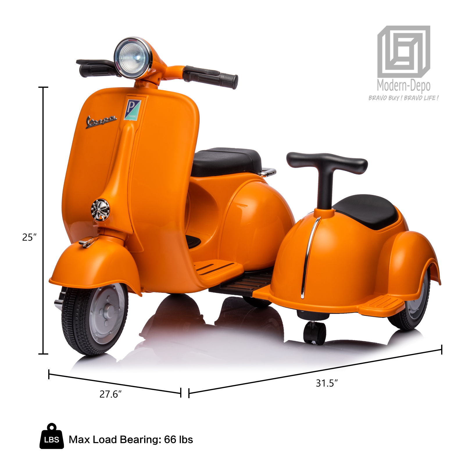 Licensed Vespa Kids Ride On Car Motorcycle w/ Side Car&Light, 2 Seater Toy Car - Picture 32 of 40