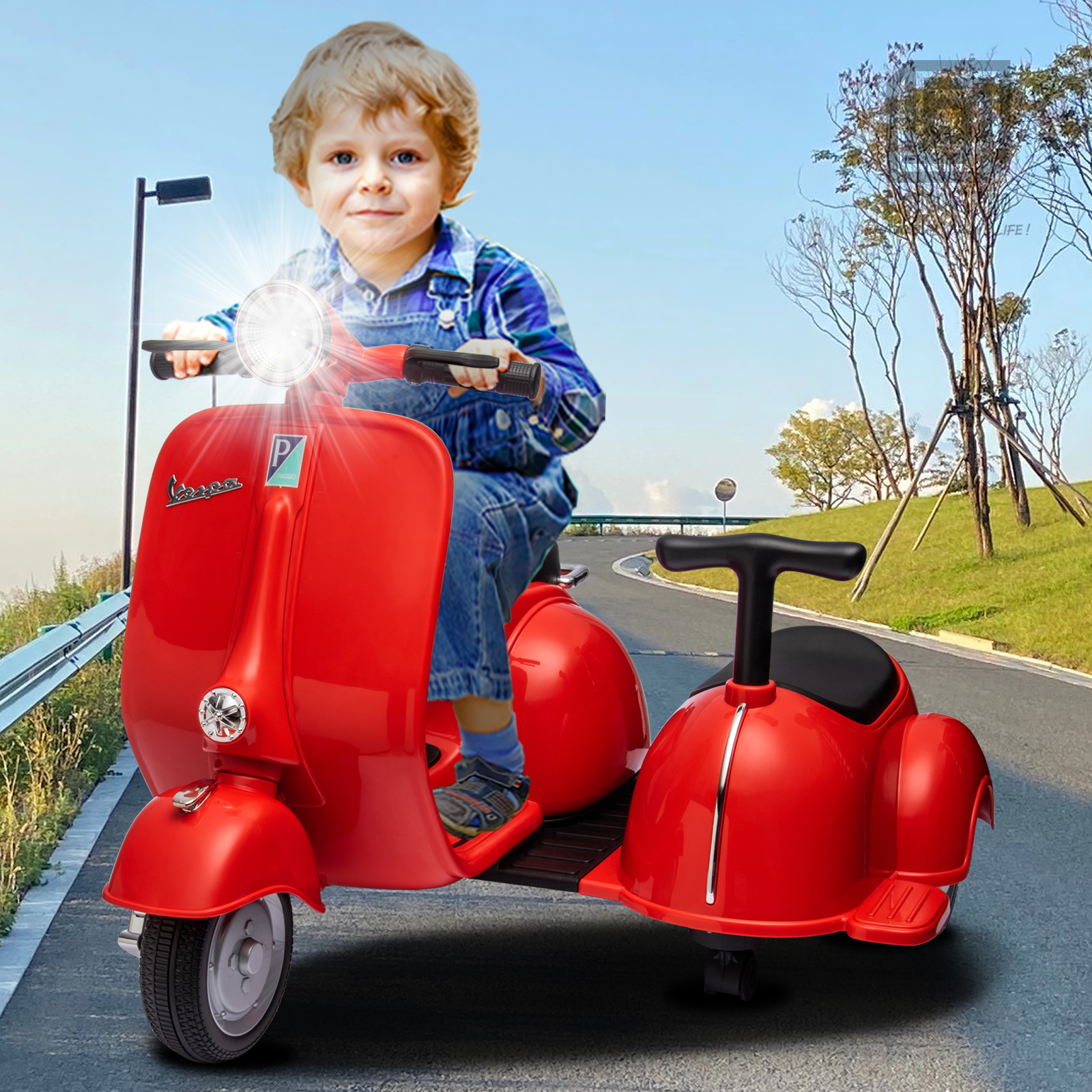 Licensed Vespa Kids Ride On Car Motorcycle w/ Side Car&Light, 2 Seater Toy Car - Picture 34 of 40