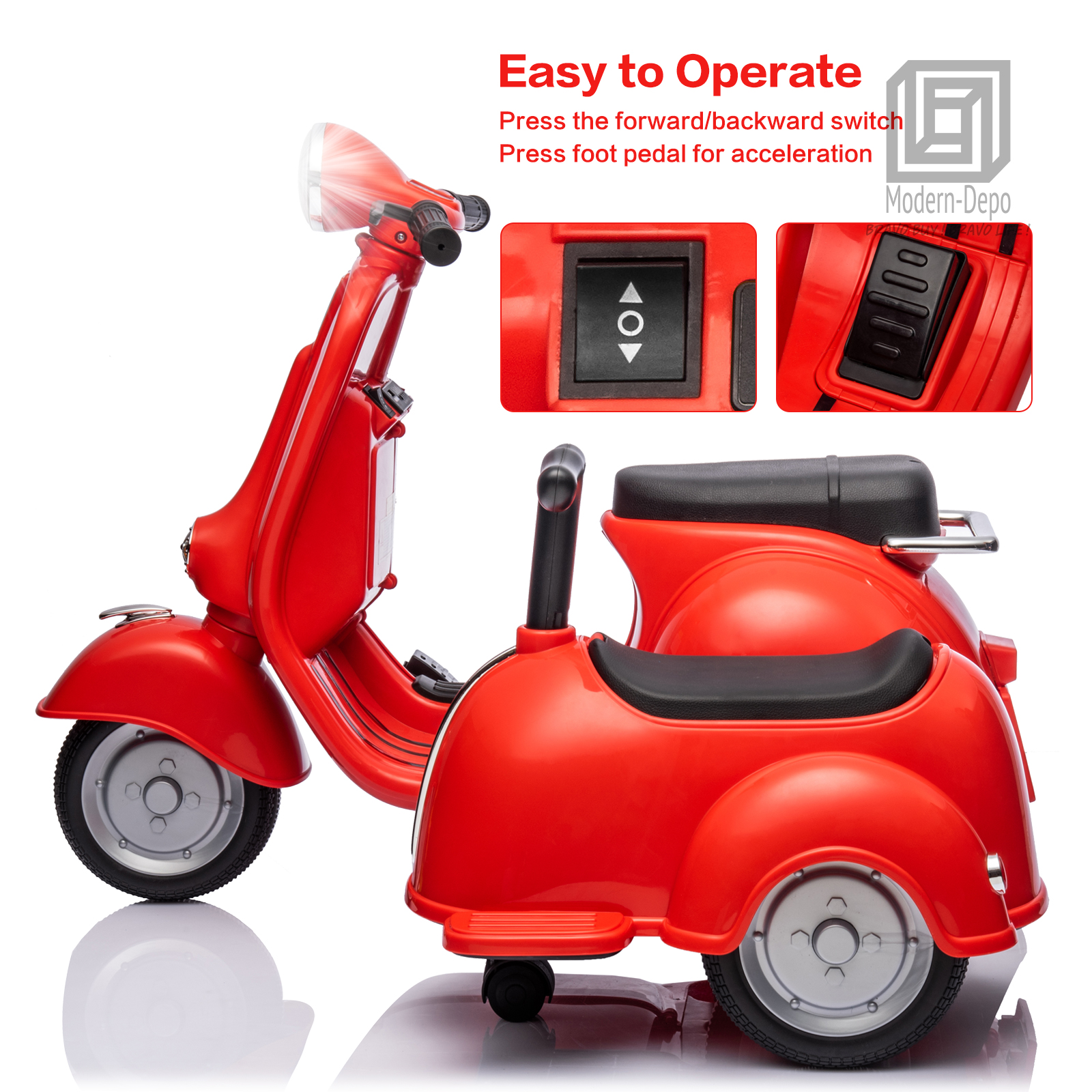 Licensed Vespa Kids Ride On Car Motorcycle w/ Side Car&Light, 2 Seater Toy Car - Picture 35 of 40