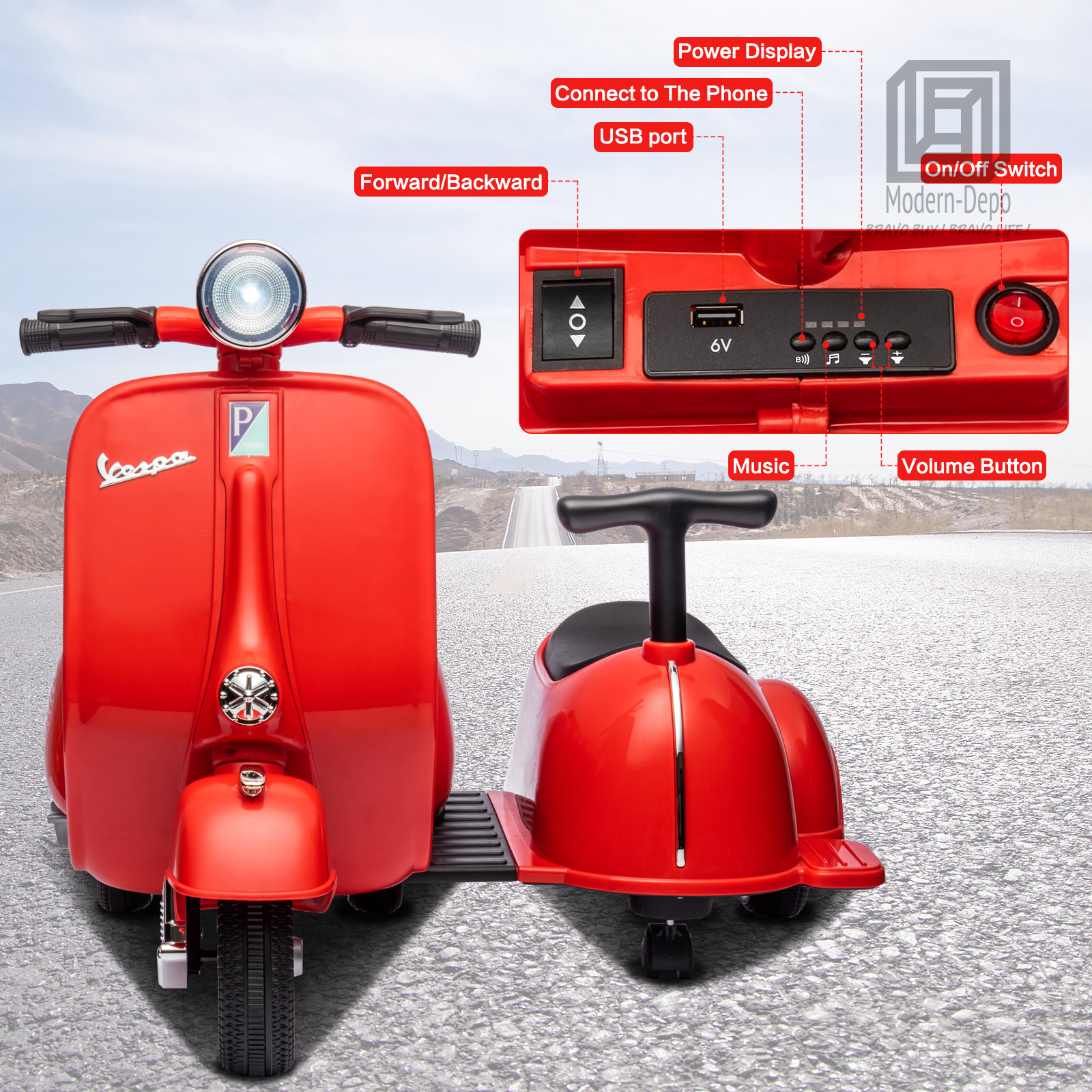 Licensed Vespa Kids Ride On Car Motorcycle w/ Side Car&Light, 2 Seater Toy Car - Picture 36 of 40