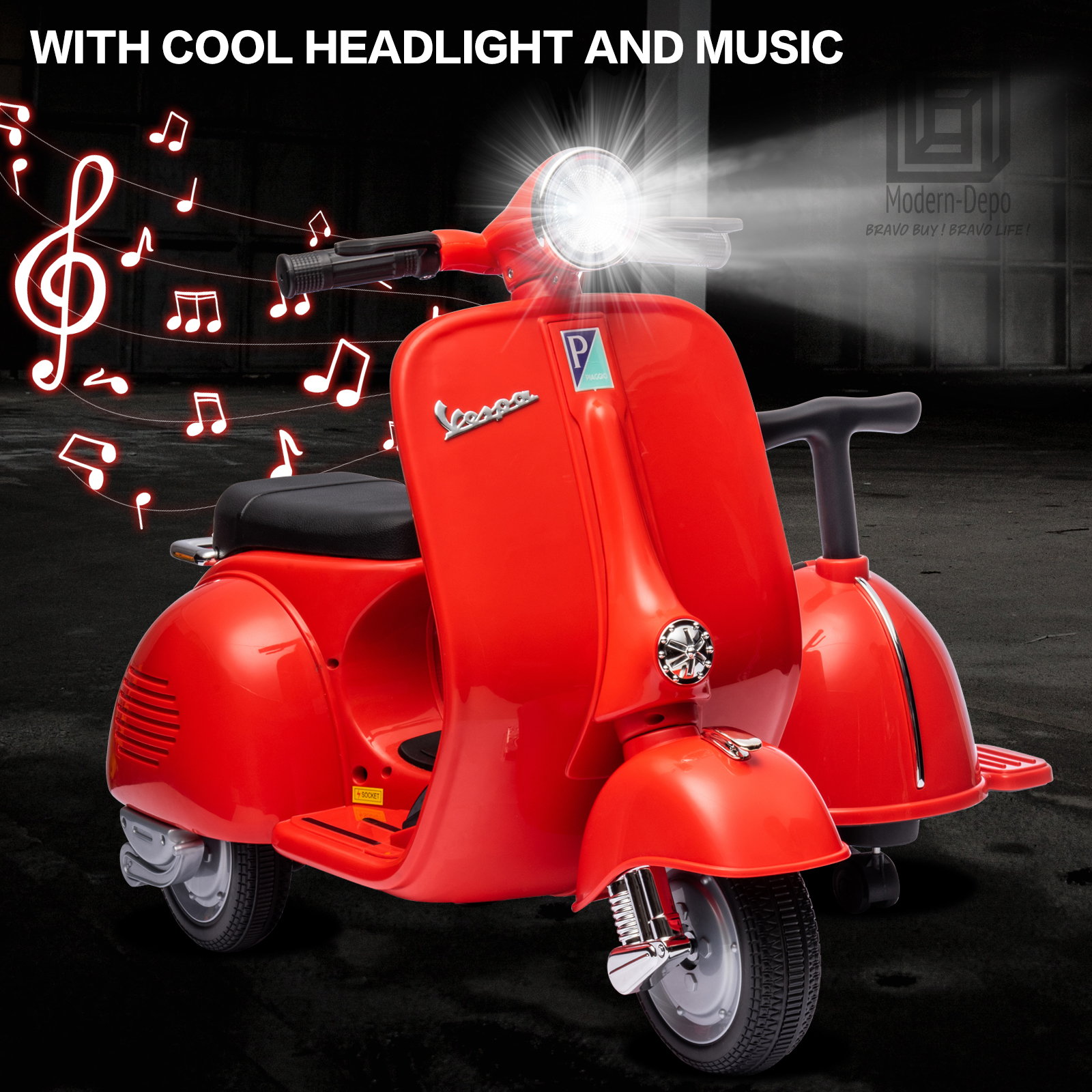 Licensed Vespa Kids Ride On Car Motorcycle w/ Side Car&Light, 2 Seater Toy Car - Picture 38 of 40