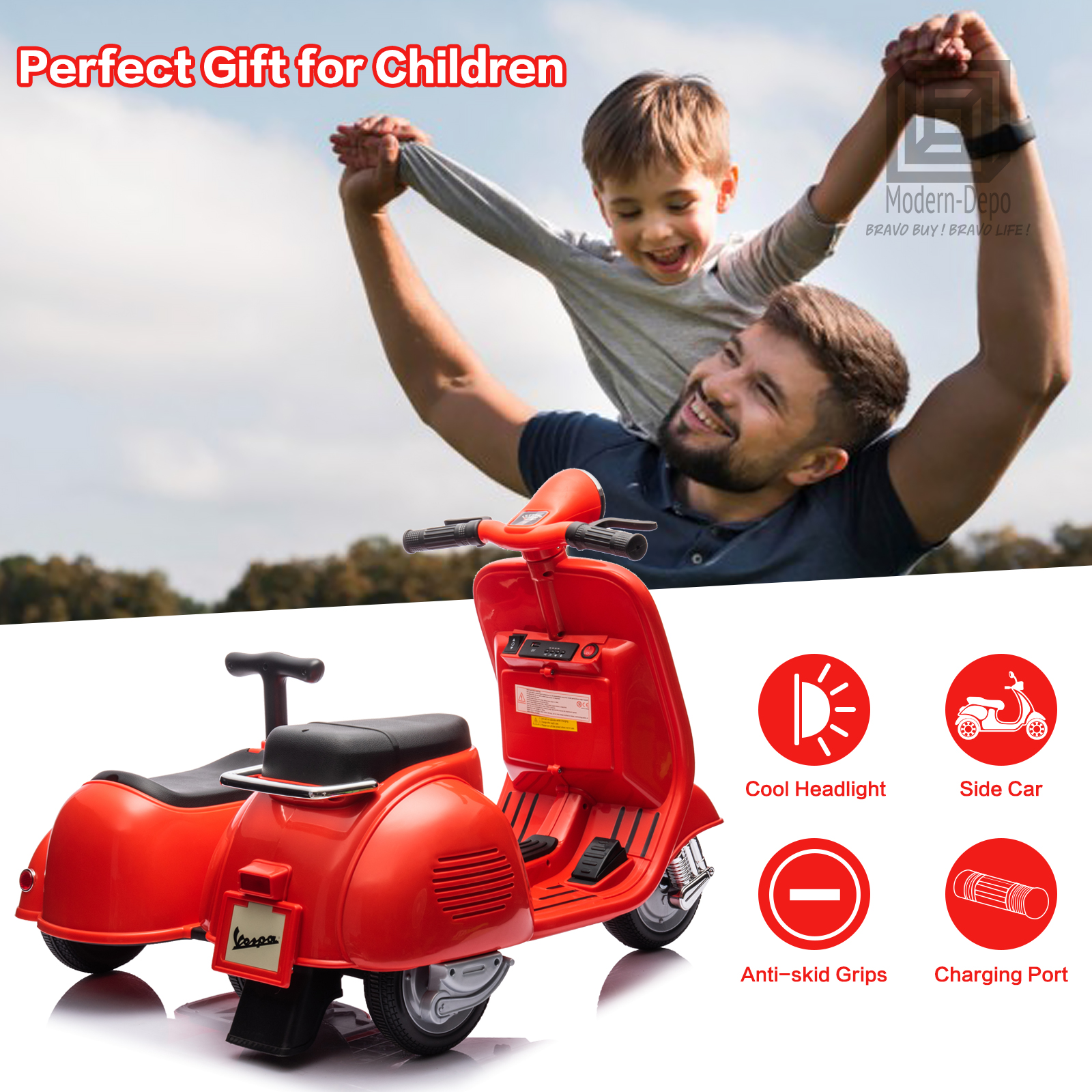 Licensed Vespa Kids Ride On Car Motorcycle w/ Side Car&Light, 2 Seater Toy Car - Picture 39 of 40