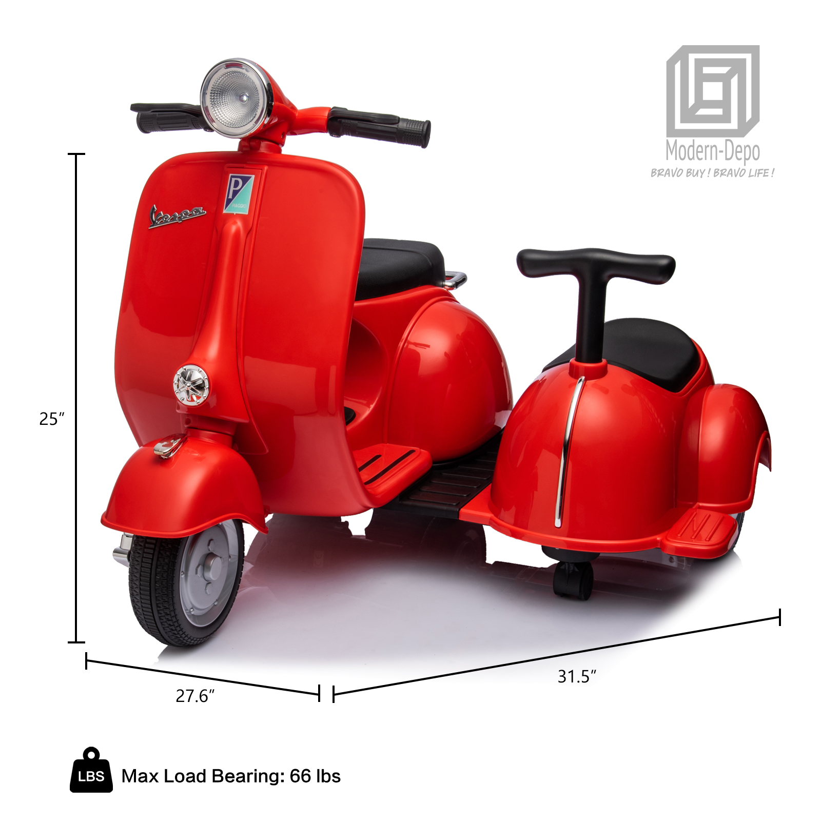 Licensed Vespa Kids Ride On Car Motorcycle w/ Side Car&Light, 2 Seater Toy Car - Picture 40 of 40