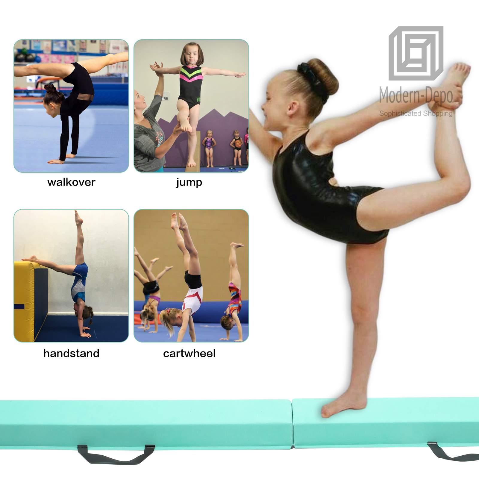 8FT Light Green Suede Folding Floor Balance Beam for Kids Firm Gymnastics - Picture 3 of 6