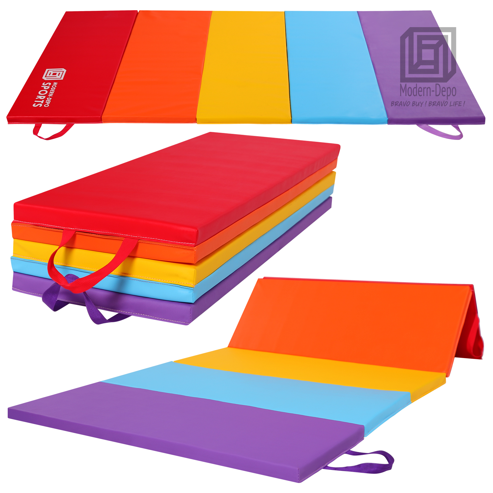 5-Folding Exercise Mat for Kids, 6'x3' Foldable Gymnastics Tumbling Mat, Handles