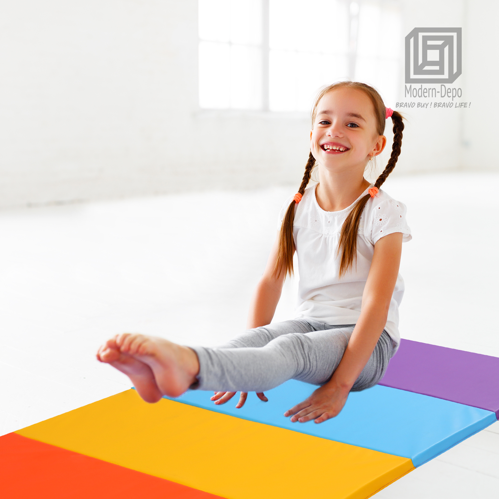 5-Folding Exercise Mat for Kids, 6'x3' Foldable Gymnastics Tumbling Mat, Handles