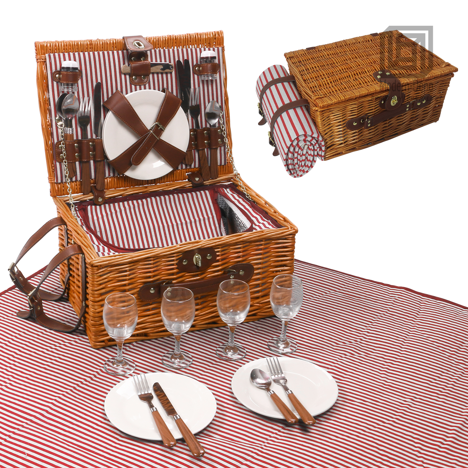 Willow Picnic Basket for 4 Persons with Insulated Compartment Utensils Cutlery