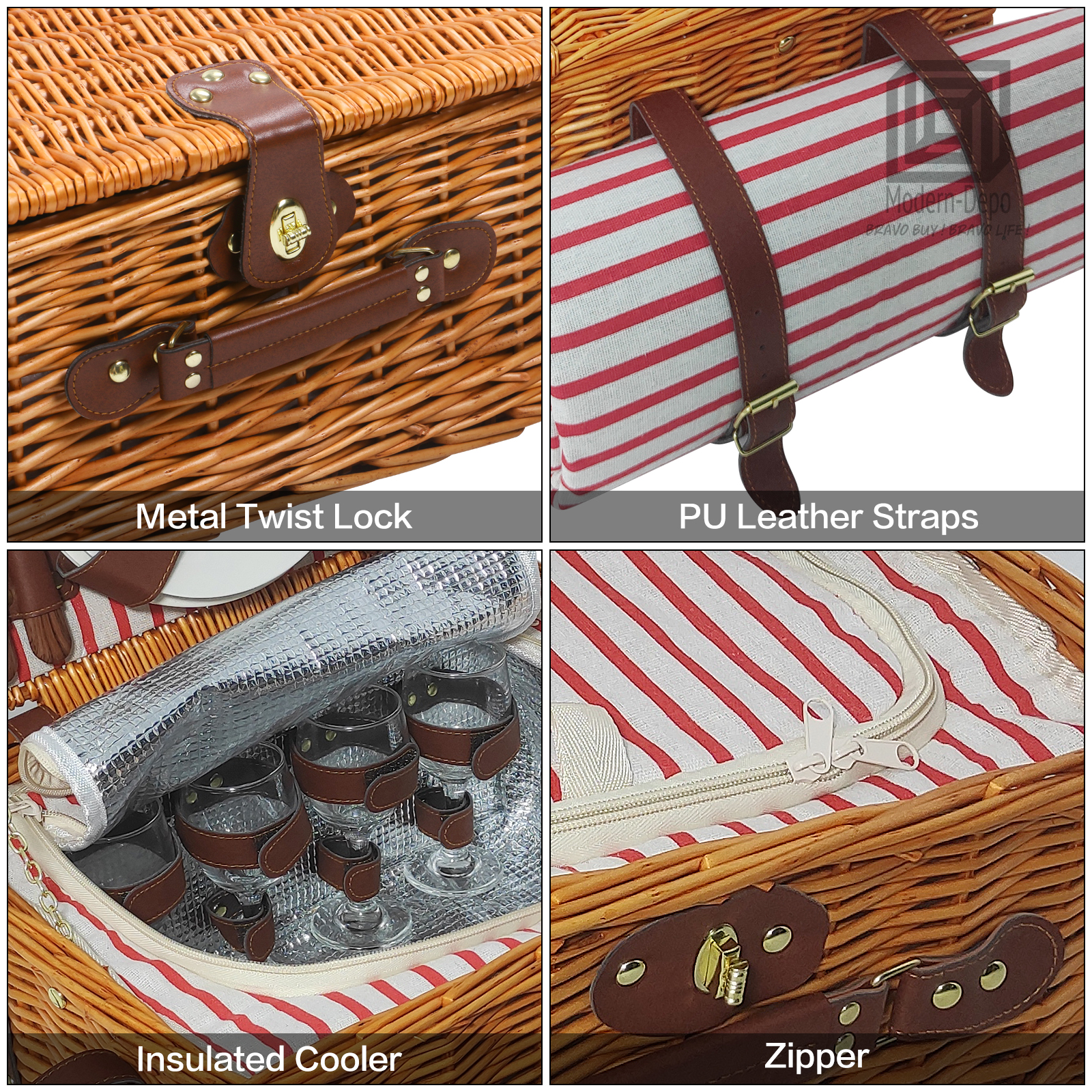 Willow Picnic Basket for 4 Persons with Insulated Compartment Utensils Cutlery